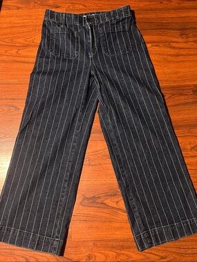 Wide Leg Pinstripe Denim Pants - Dark blue with White Stripes